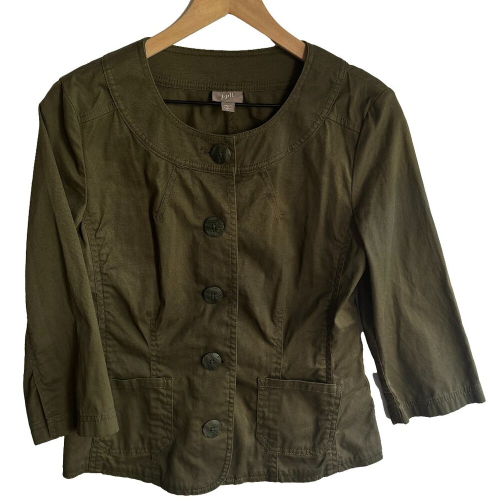 J Jill Jacket Womens SZ 6 Green Utility/Military,Buttons, Scoop Neck 3/4 sleeves